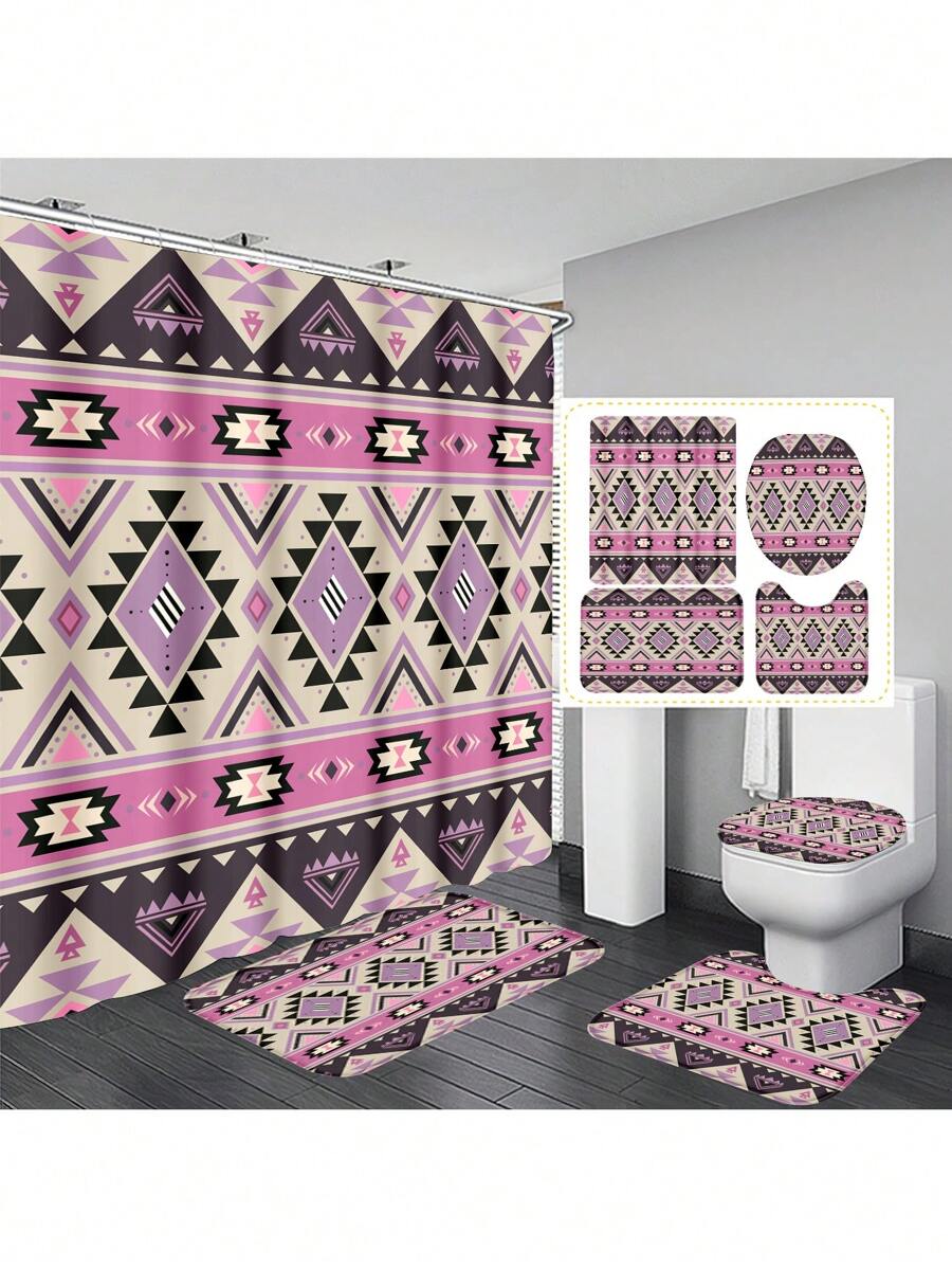1pc/4pcs Boho Style Bathroom Decor Set: Waterproof Shower Curtain With 12 Hooks, Non-Slip Bath Mat, U-Shaped Toilet Mat, And Round Toilet Seat Cover, Multi-Functional Bathroom Accessory Set Back To School