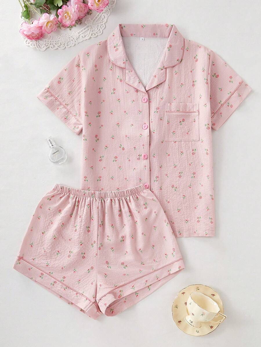 2pcs Women Ditsy Floral Pouch Pocket Short Sleeve Top And Shorts Loungewear Set, Spring/Summer, Vacation