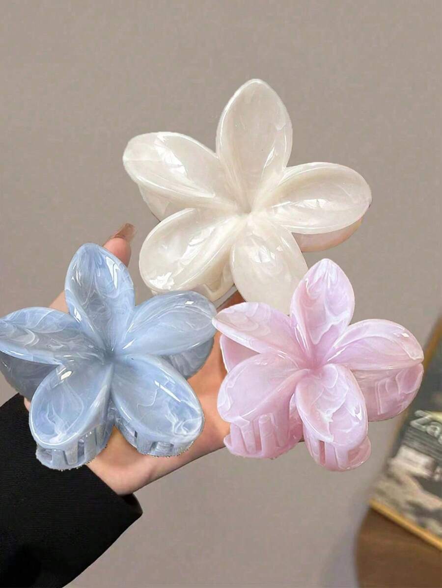 3pcs/1pc Women 8cm/3.15 Inch Pink, White, Blue Flower Shaped Plastic Hair Clips, Cute Large Size, Lightweight, Fashion Versatile, Elegant, Minimalist Style, Solid Color Hair Accessories For Daily, Casual, Party, Commute, Travel, Ponytail, Bun, Face Washing, Makeup, Outfit Matching