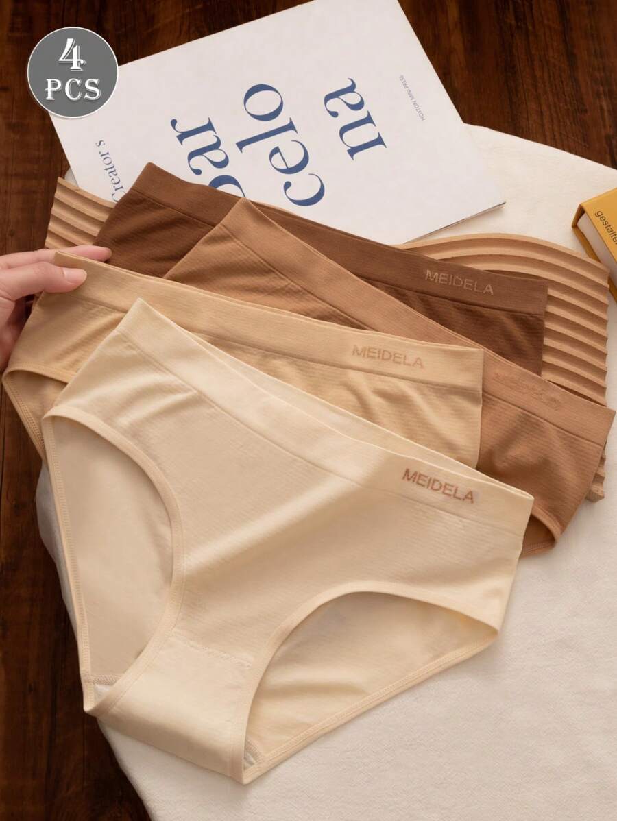 4 pièces Culottes sans couture taille moyenne, Couleur Maillard, Sous-vêtements pour femmes. Rehaussement des fesses, Haute élasticité, Confort et respirabilité. Lingerie pour femmes, Gaine ventre plat