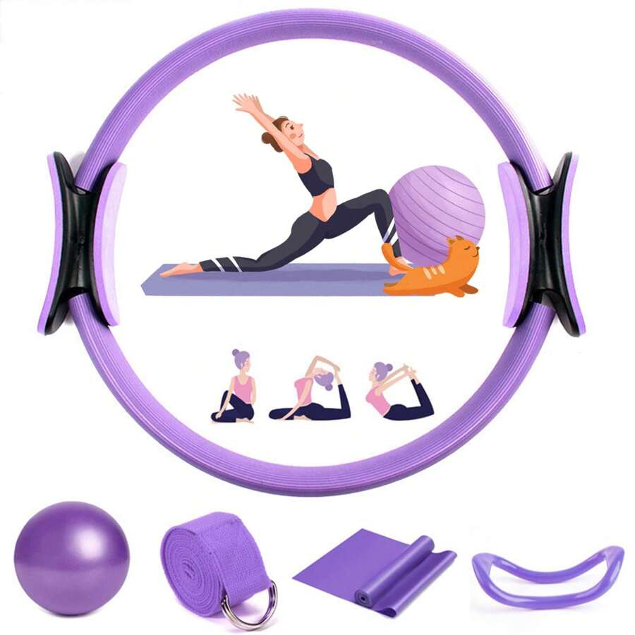 5 Peças Conjunto Básico de Pilates Feminino, Acessórios de Exercícios Domésticos de Pilates Incluindo Anel de Pilates, Cinta para Quadril de Pilates, Conjunto de Ioga Feminino, Cinta de Exercícios para Bunda, Bola de Ioga de 25 cm (O material de superfície é de espuma, pode haver algumas marcas de pressão e arranhões durante o transporte, o que é normal)