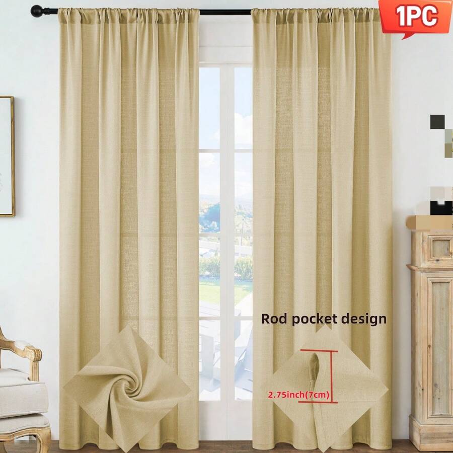 1pc Polyester Sheer Curtain, Elegant Linen Texture Semi-Transparent Curtain, Solid Color Polyester Fiber Window Curtain, Translucent Not See-Through, Modern Rod Pocket Curtain Easy To Install, Suitable For Door, Bedroom, Living Room, Bathroom, Study And Balcony Decoration
