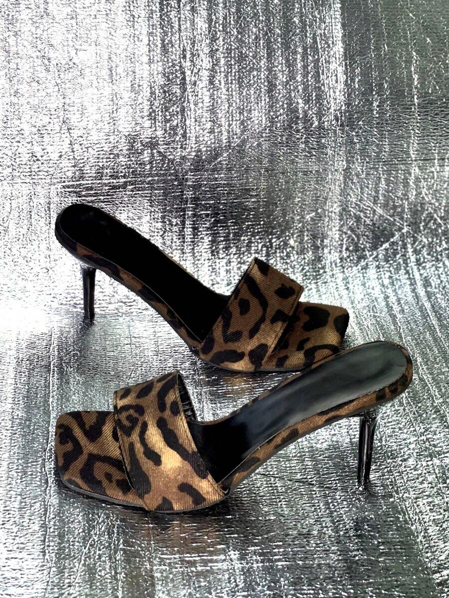 Women Buckle Square Toe Slip-On High Heel Sandals, Leopard Print Open Toe High Heel Sandals, Sexy Stiletto High Heel Sandals
