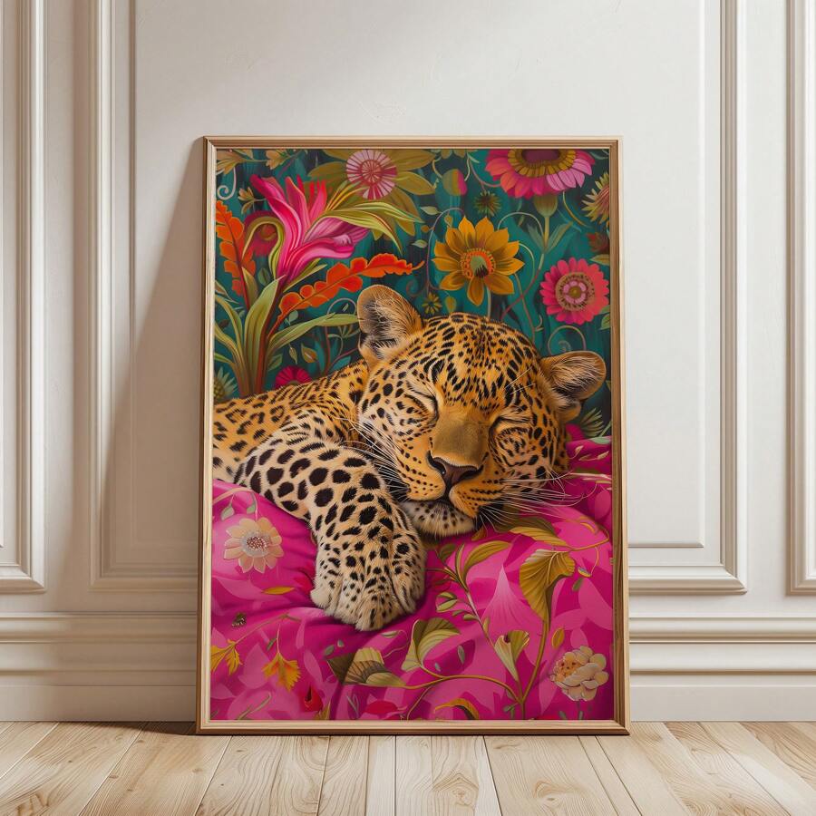 1pc Leopard Canvas Art Print - Frameless Vintage & Modern Wall Decor, Eclectic Maximalist Animal Art For Living Room, Bedroom, Or Home Office, Bold Pink & Green Retro Aesthetic