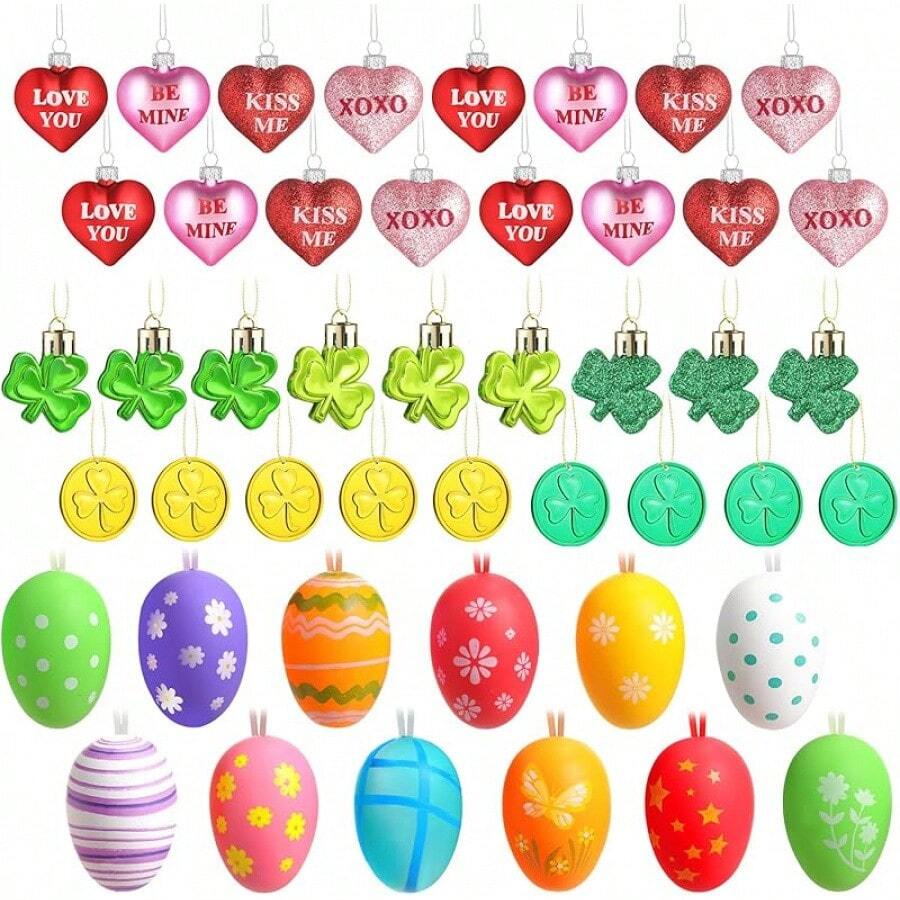 108 Pcs Easter Tree Decorations Heart Hanging Ornaments St. Patrick's Day Shamrock Easter Egg Hanging Ornaments Heart Clover Baubles Egg Decoration For Holiday Party Favor (Classic)