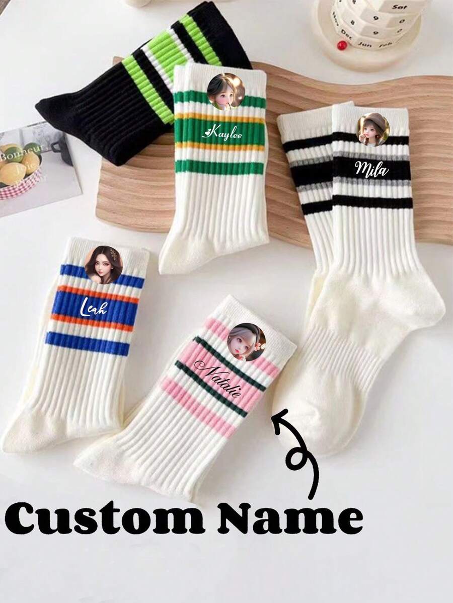 1Pair Striped Socks For Women's Mid-Tube Socks Ins Internet Celebrity Style Super Hot Versatile Sports Wear Solid Color Stockings Long Tube High Waist Personalized Text Customization