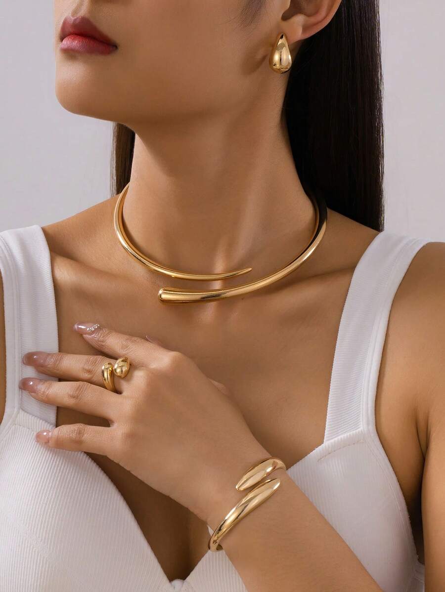 1 conjunto de pulseira de metal geométrica de alta qualidade, anel, colar, brincos, joias para mulheres, presente para namorada, adequado para festivais, festas, encontros