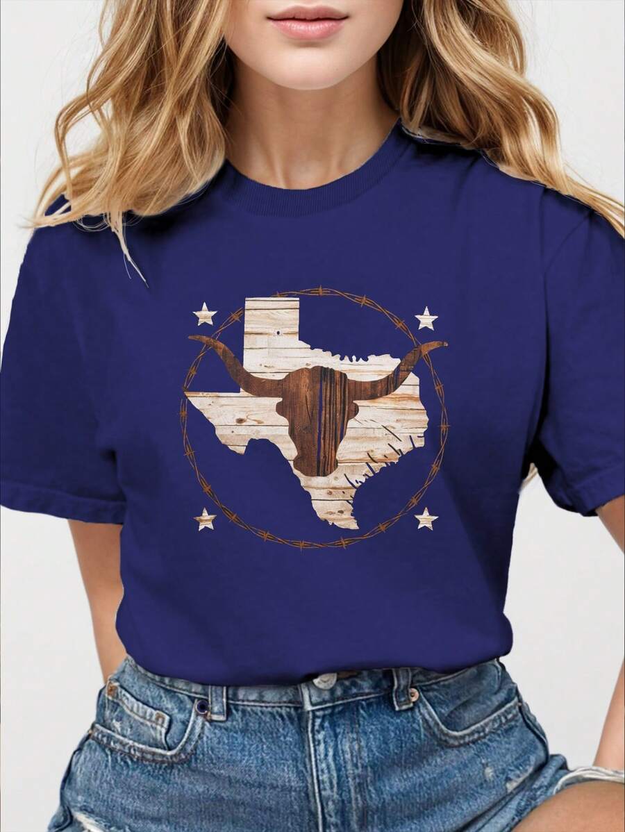 Longhorn Texas Wood Textured Steer Head Pure Cotton Women's T-Shirt Comfort Fit
