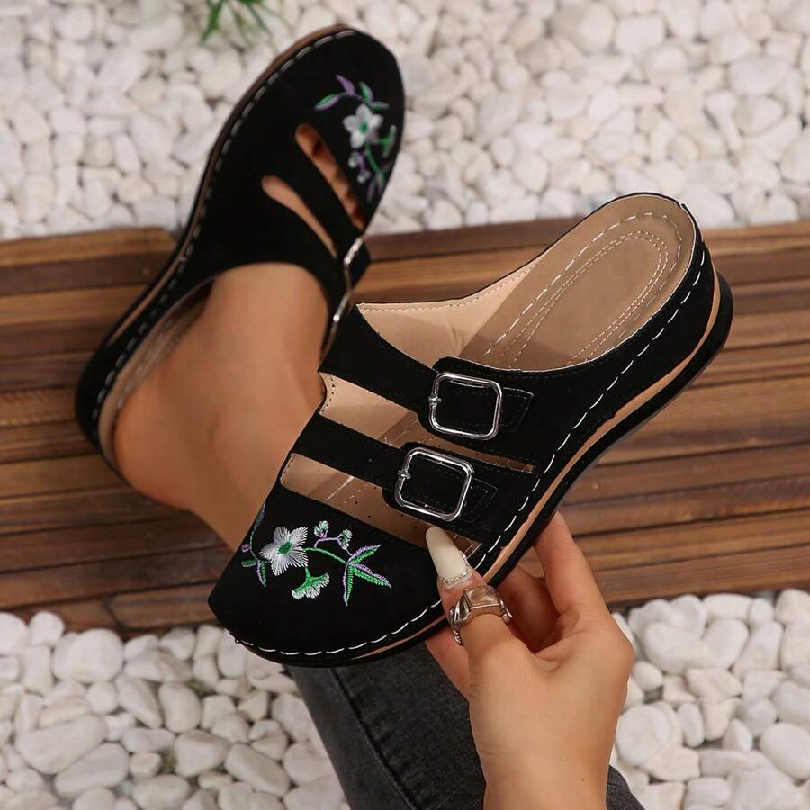 Women's Embroidered Platform Thick Bottom Wedge Heeled Hollow Out Casual Sandals