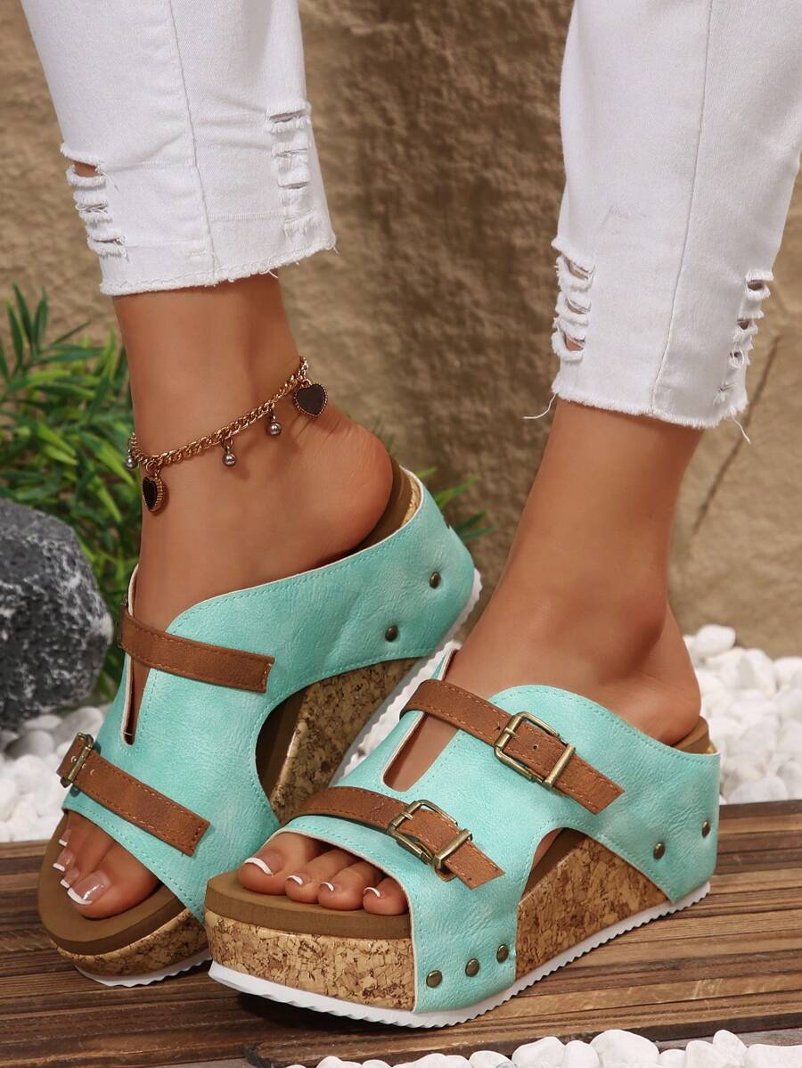 2025 Summer New European And American Fashion Double Buckle Rivet Decor Plus Size Wedge Thick Bottom Slide Sandals