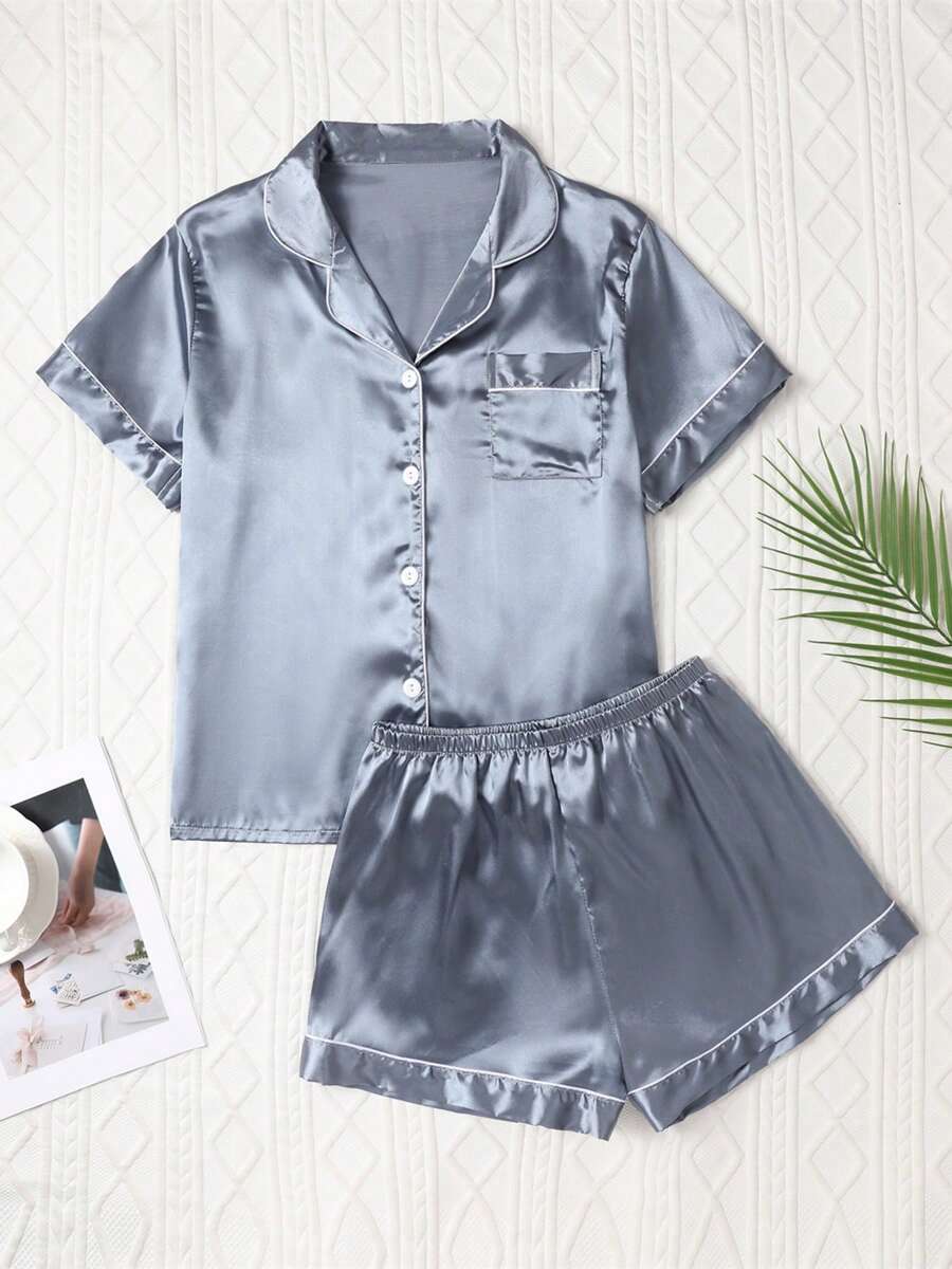 Women Elegant Solid Color Short Silk Pajama Set - Short Sleeve Button Collar Top And Pants, Soft Satin Sleepwear, Machine Washable, Suitable For Outerwear, Summer, Vacation
