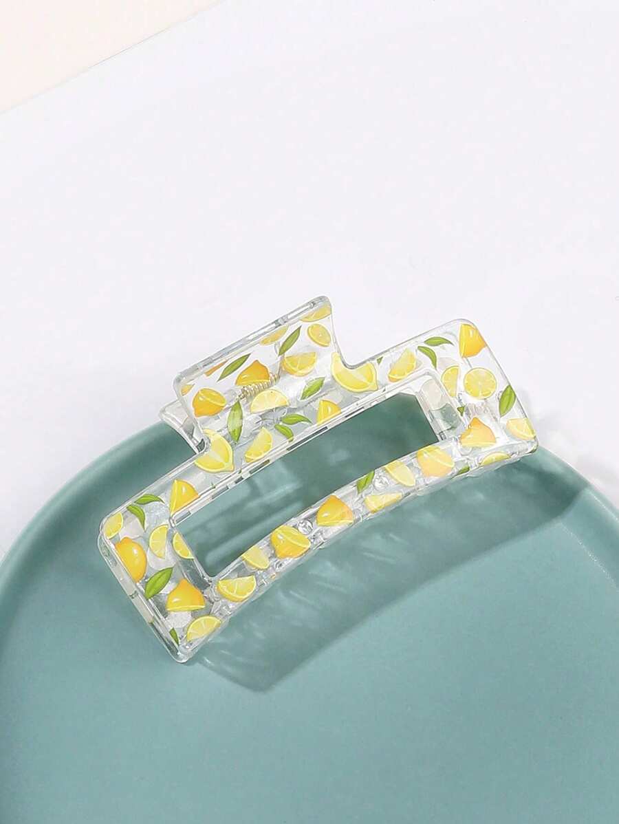 1pc Women's Medium Size Lemon Fruit Print Square Hair Claw, Sweet And Adorable Resin Fruit Print Hair Clip Hairpin Hair Clips Hair Jaw Clip Hair Clamps Hair Clutch Hair Catcher Clip