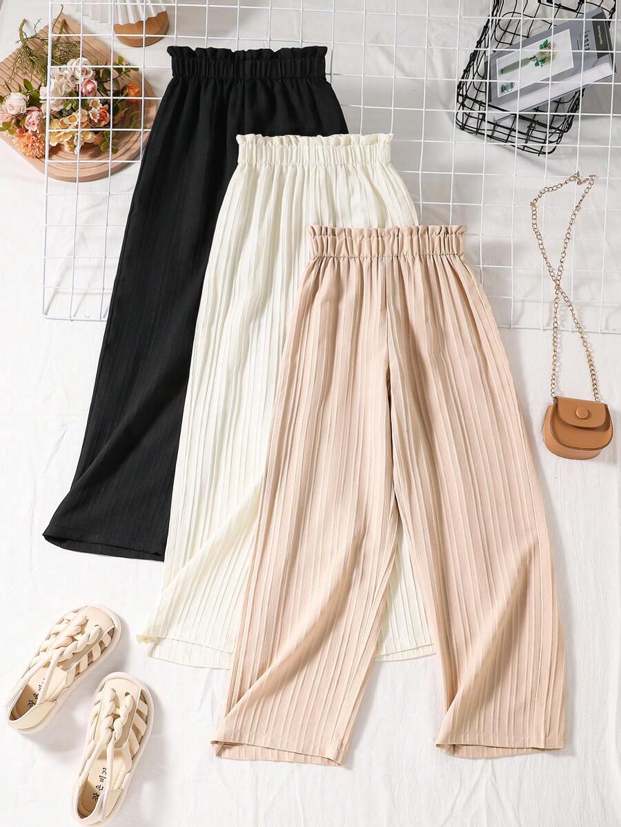 3 pièces Pantalons large taille élastique de couleur unie pour filles, doux et polyvalents pour l'été en extérieur, décontractés et confortables pour le printemps, conviennent aux tout-petits et aux jeunes