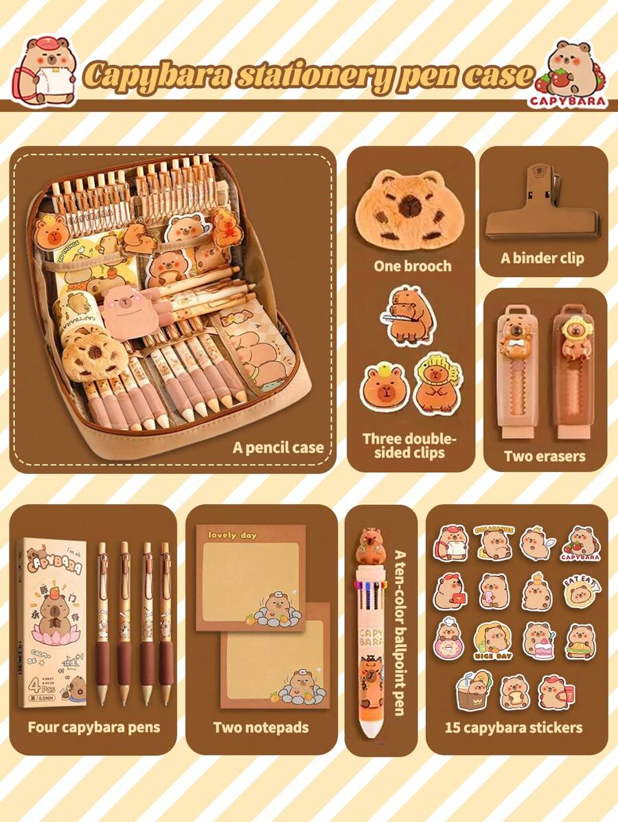 Conjunto de Presente Estojo de Caneta Capivara Extra Pesado!!, Caixa de Papelaria de Abertura Larga de Grande Capacidade, Estojo de Caneta de Uso Diário Estudantil, Grande Slam de Acessórios Fofos da Capivara, Conjunto de Papelaria de Volta às Aulas Tudo em Um Estojo de Lápis, Estojo de Caneta À prova d'água e Resistente à Sujeira, Conjunto de Presente de Papelaria para Alunos do Ensino Fundamental. Os Estojos de Caneta Podem Ser Decorados à Vontade., Volta às Aulas, Materiais Escolares, Estojo de Lápis, Mochila Escolar