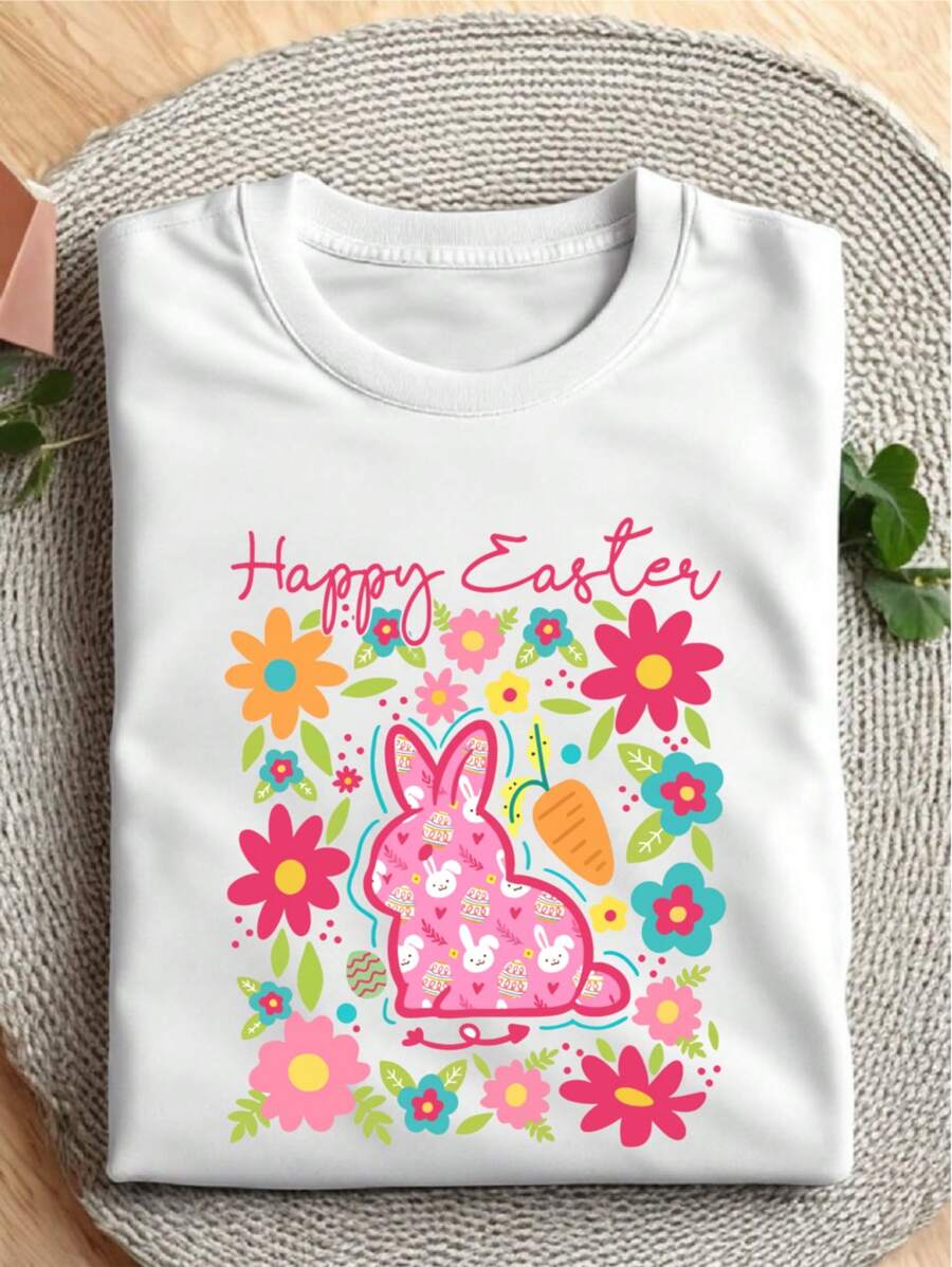 Happy Easter Shirt, Easter Bunnies T-Shirt, Bunny Shirt For Woman, Easter Flowers Tee, Cute Easter Gift, Floral Bunny Shirt, Easter Matching Tee, Girly Easter. SH-97