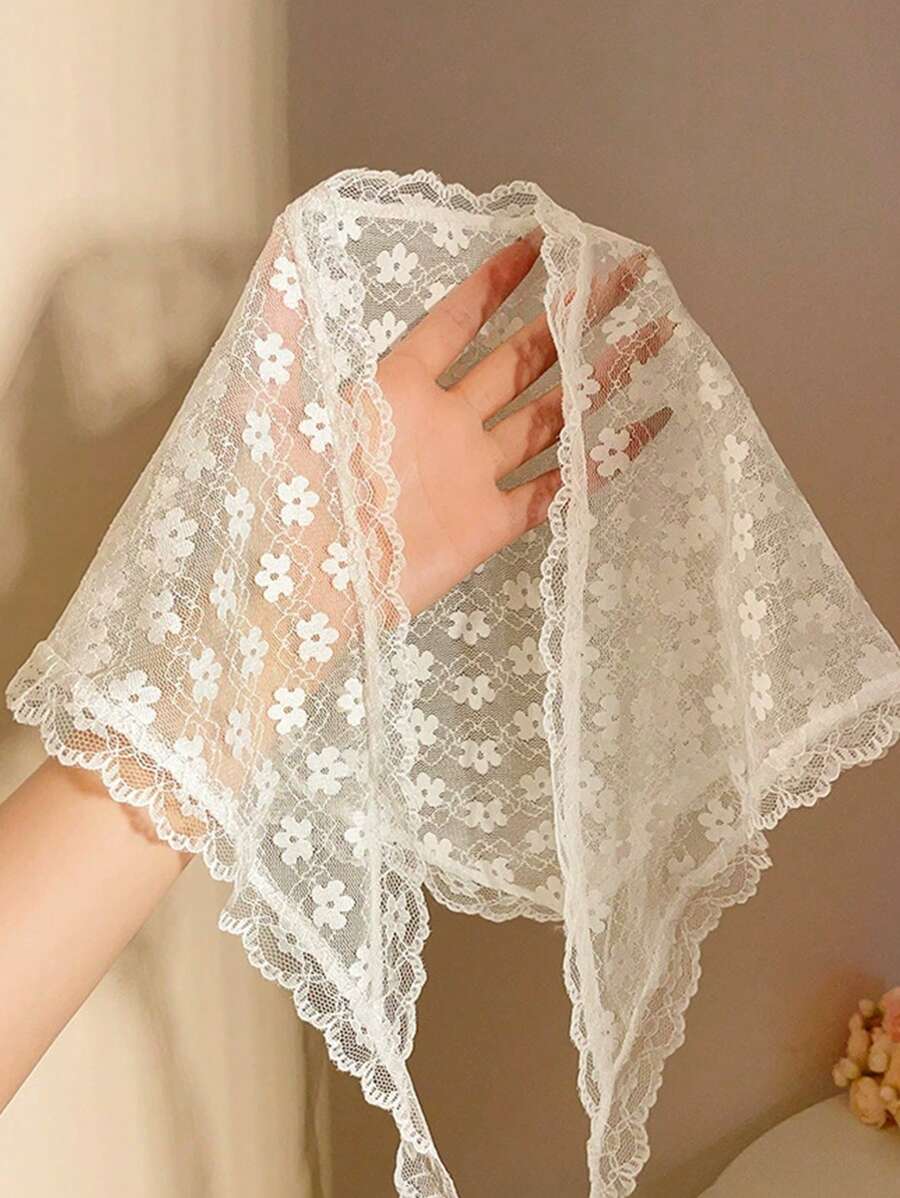 1 pezzo Sciarpa triangolare da donna con bordo in pizzo e motivo floreale ditsy, accessorio romantico e dolce adatto per uso quotidiano, viaggi, feste, servizi fotografici, ideale per primavera/estate, accessori per capelli, turbante, fascia per capelli
