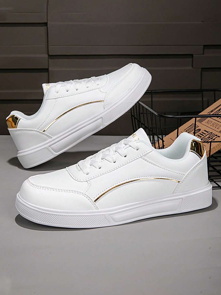 Plus Size Men's Casual Sneakers, Leather Upper Lightweight Trainers, Unisex White Shoes For Students