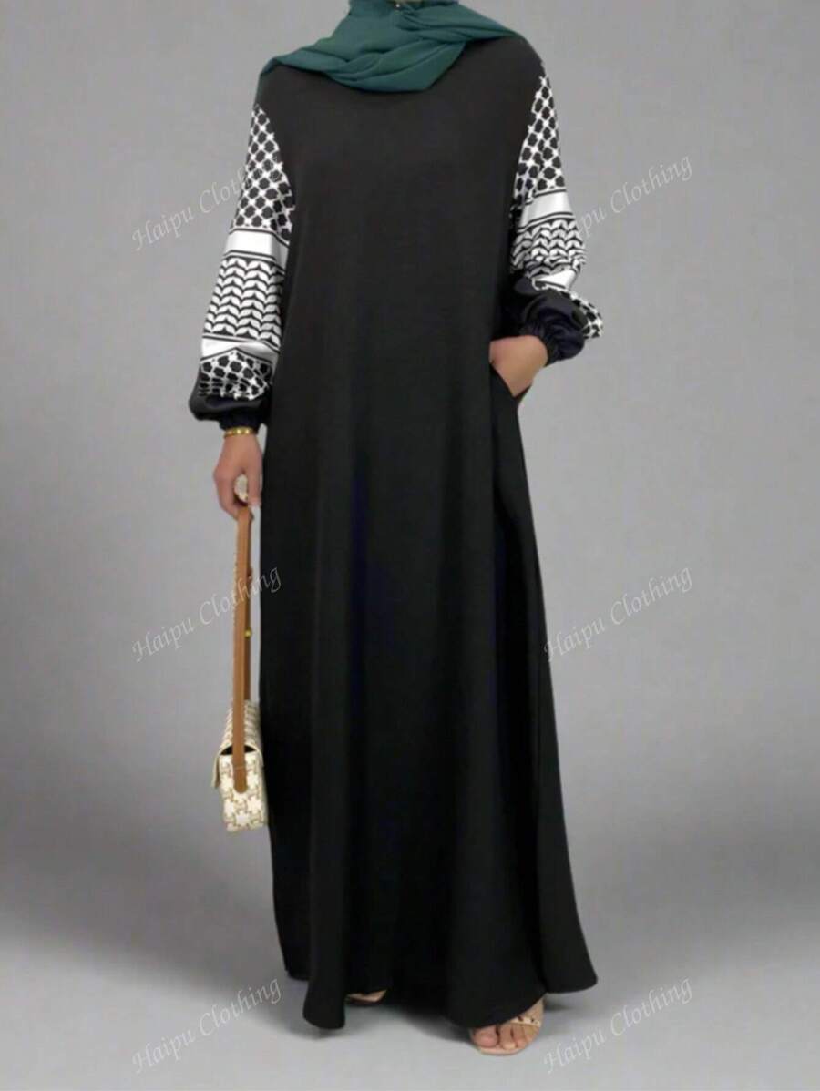 Große Größen Damen Kleid im arabischen Stil mit Patchwork, Kontrastfarben, Taschen und Kordelzug, bescheidener Mantel, Abaya