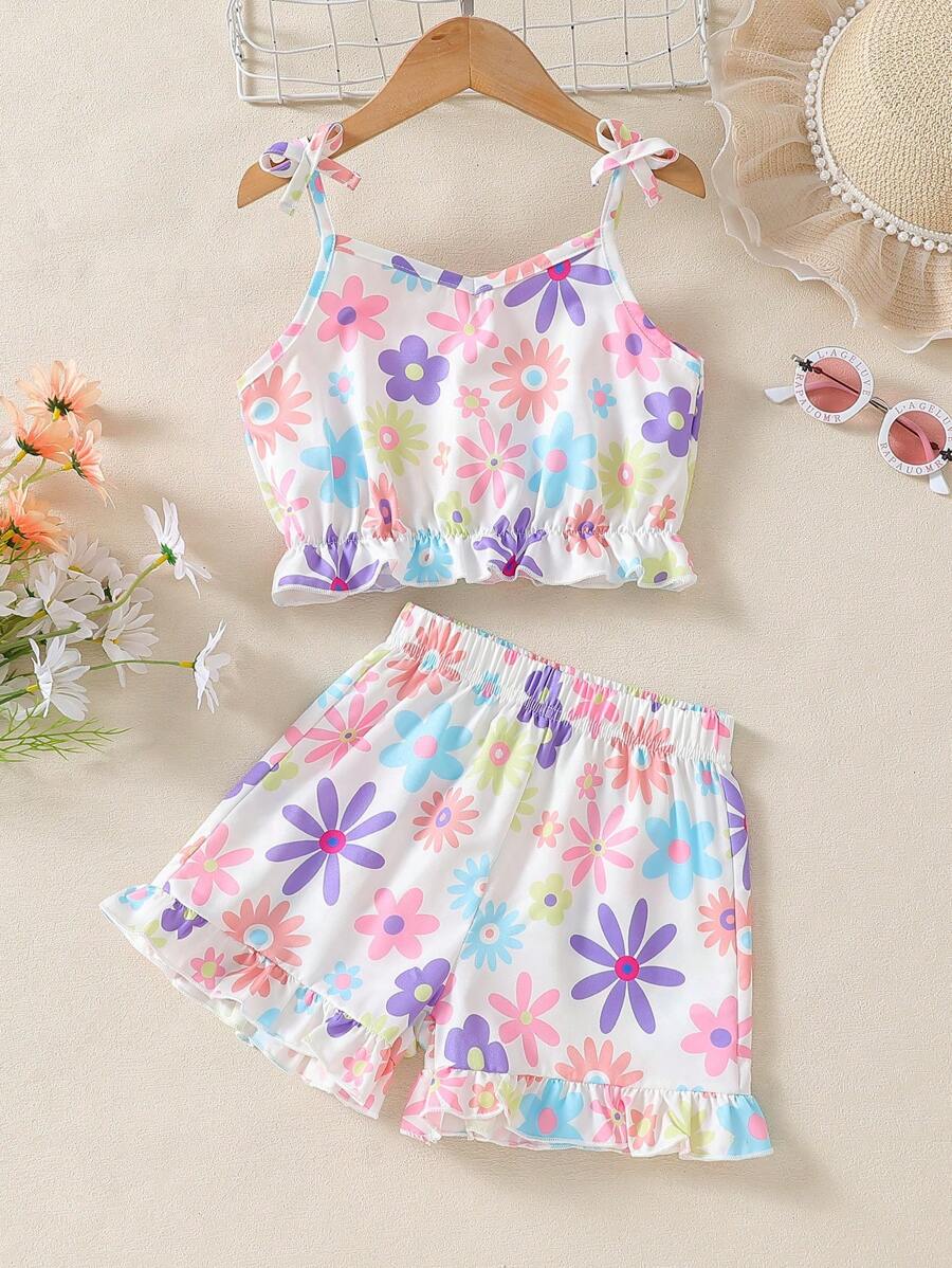 2pcs/Set Girls Summer Sleeveless Top And Shorts Set, Flower Print Tank Top + Ruffle Hem Shorts, Suitable For Home, Outings And Play