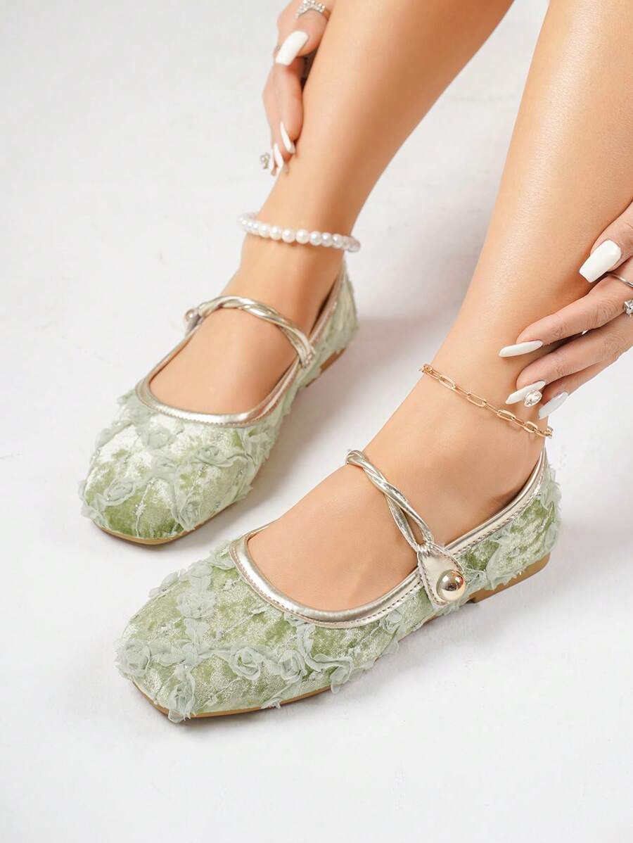 Women's Flat Shoes, 2025 Summer New Square Toe Open-Toe Velvet Lace Rose Foot Strap Hook & Loop Flat Shoes, Green Loafers, Mary Janes, Ballet Flats, Suitable For Everyday Wear With Dresses, Fashion Flats, Plus Size