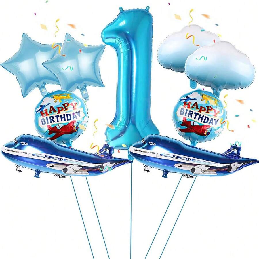 Blue Airplane Number 1-9 Themed Balloons For Movie, Flight, Birthday Party, Festival Decoration
