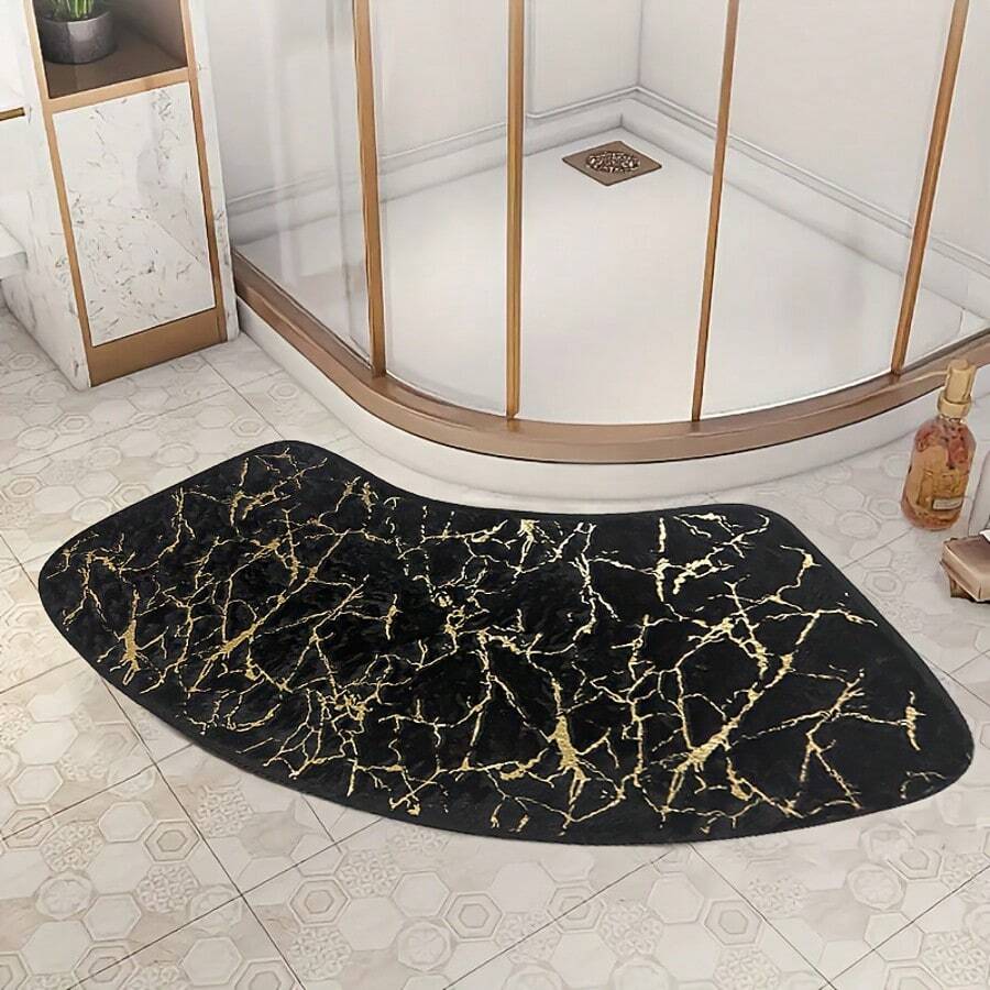 1pc Gold Heat-Transfer Rabbit Fur Style Curved Corner Anti-Slip Mat, Soft Anti-Slip Quick-Dry Bath Mat Suitable For Shower, Bathtub And Sink Area Home Bathroom Decor Carpet