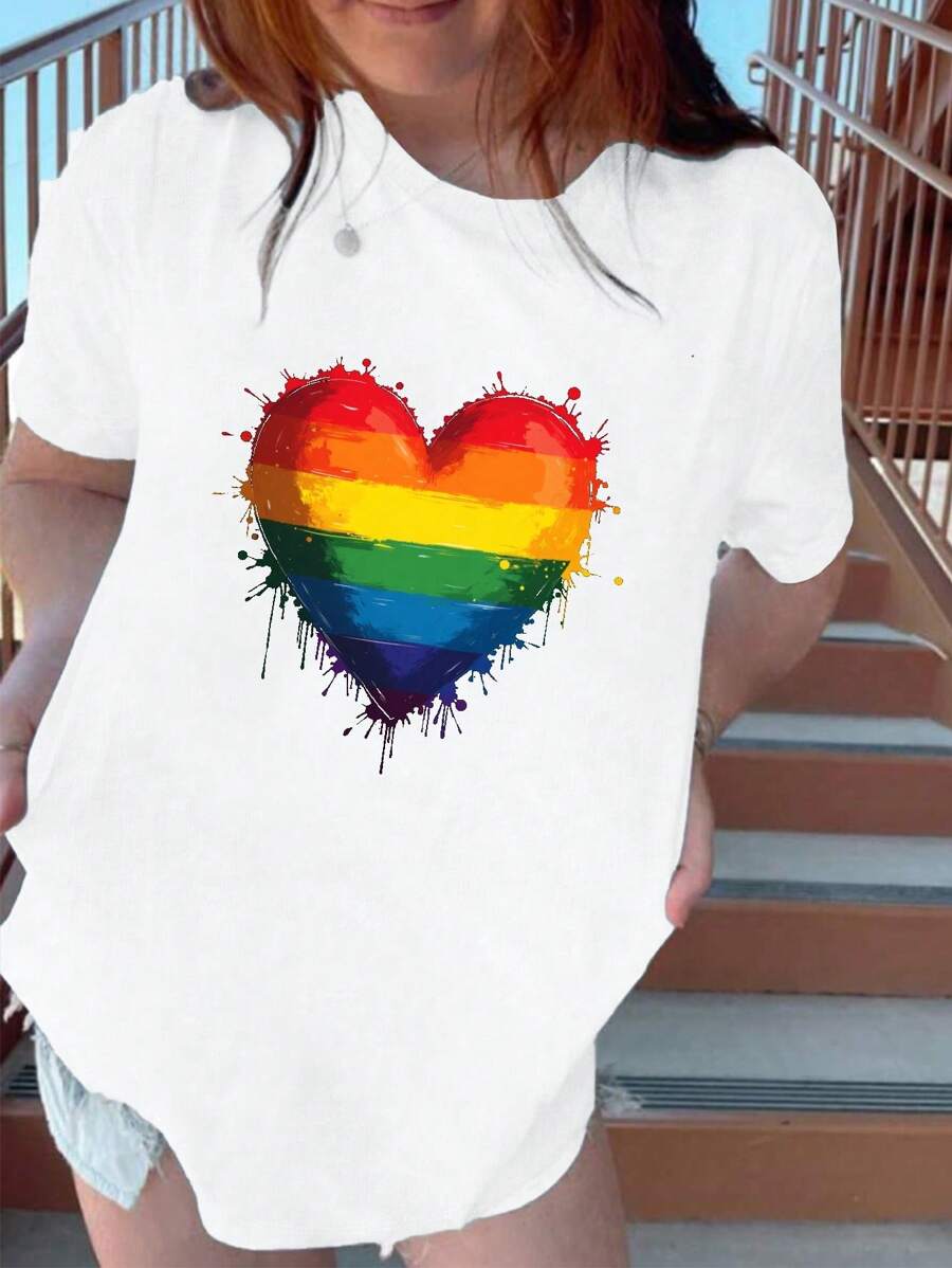 Rainbow Heart With Splashes Pure Cotton Women's Fashion T-Shirt