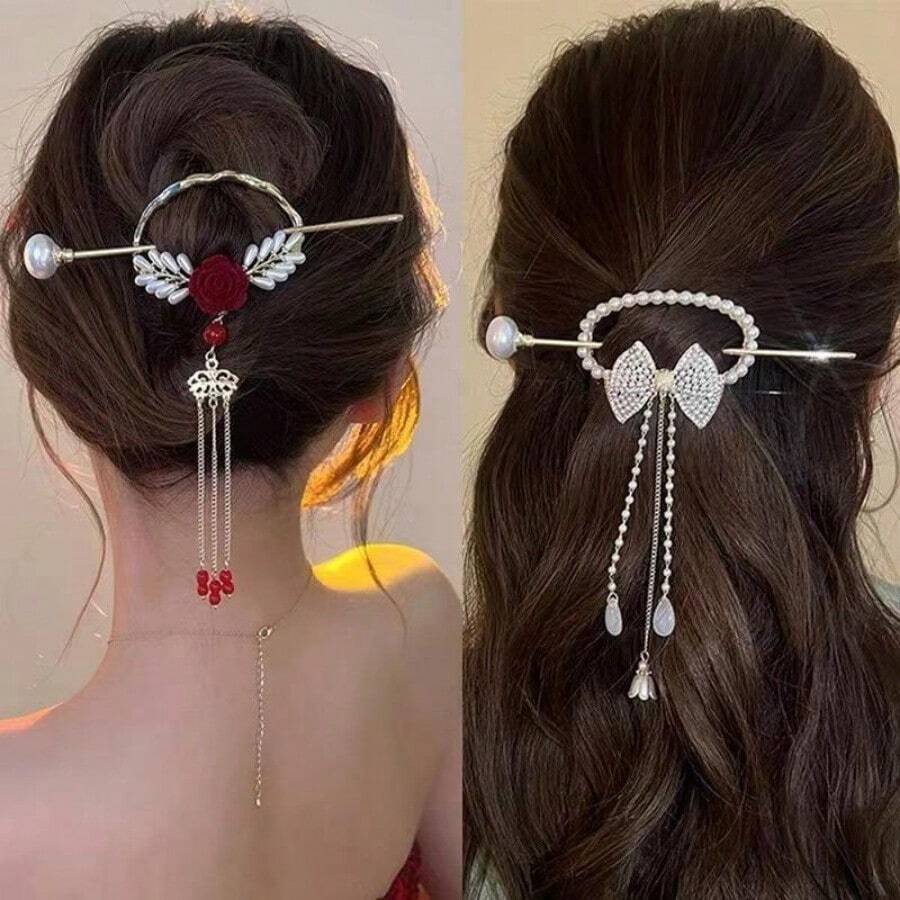 Vintage Rose Tassel Bow Tassel Hairpin Hair Clip Luxury Rhinestone Pearl Red Rose Hairpin Long Fringed Tassel Hair Accessories Hair Bun Hair Bun Maker Bun Hair Piece Hair Styling Pins