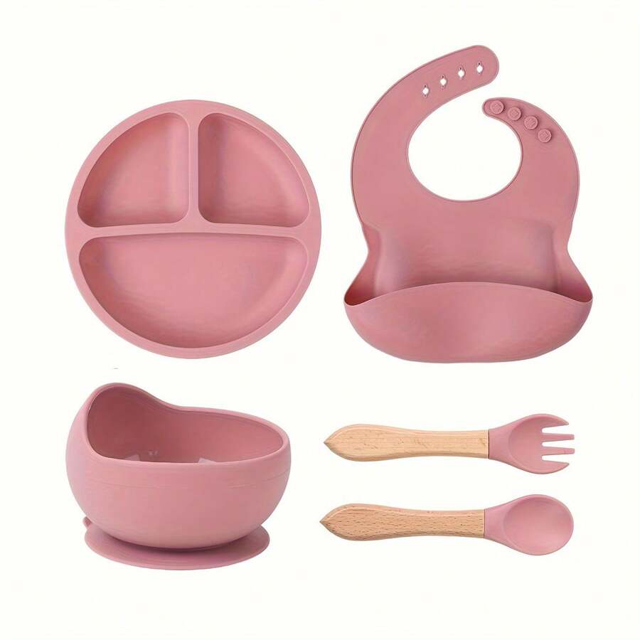 5 pièces/Set Vaisselle en silicone pour bébé, Set d'alimentation: 1 pièce bavoir en silicone, 1 pièce bol escargot en silicone, 1 pièce assiette en silicone, 1 pièce grande cuillère en bois, 1 pièce grande fourchette en bois