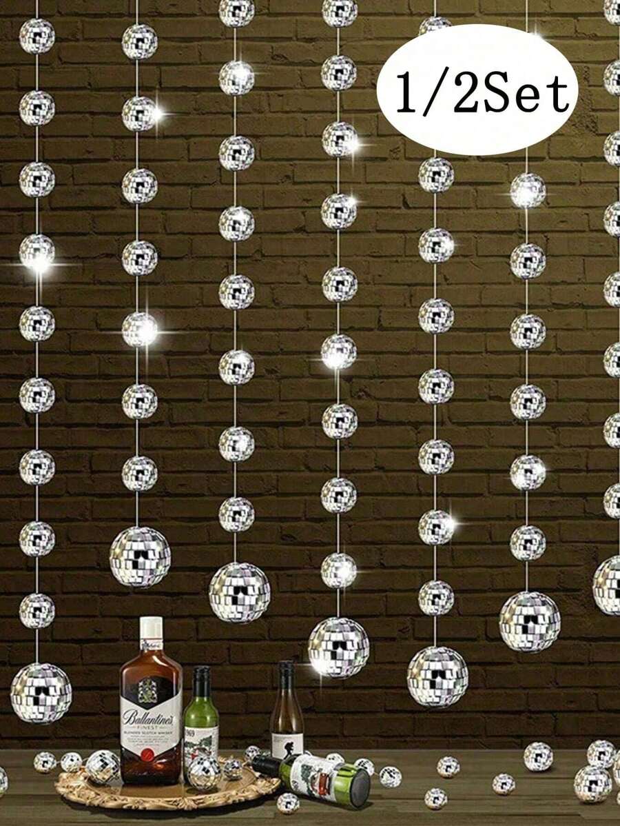 1Set Disco Mirror Ball Silver Hanging String, Festival Themed Party & Birthday Decoration, Disco Music Themed Parties, Wedding & Dance Music Festival, Home Decorations