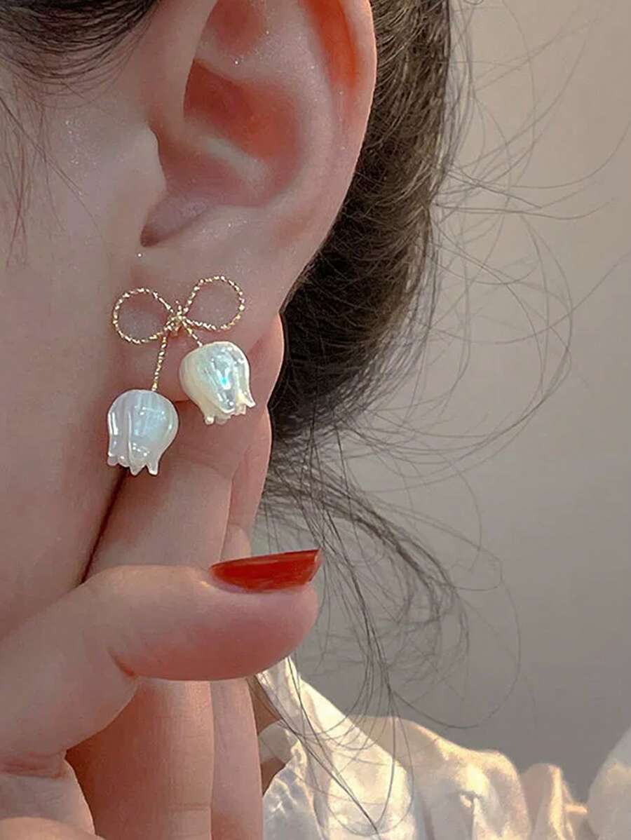 1 par de brincos de tulipa com laço minimalista da moda, brincos elegantes com design exclusivo, adequados para uso diário e festivo feminino, novidades de verão