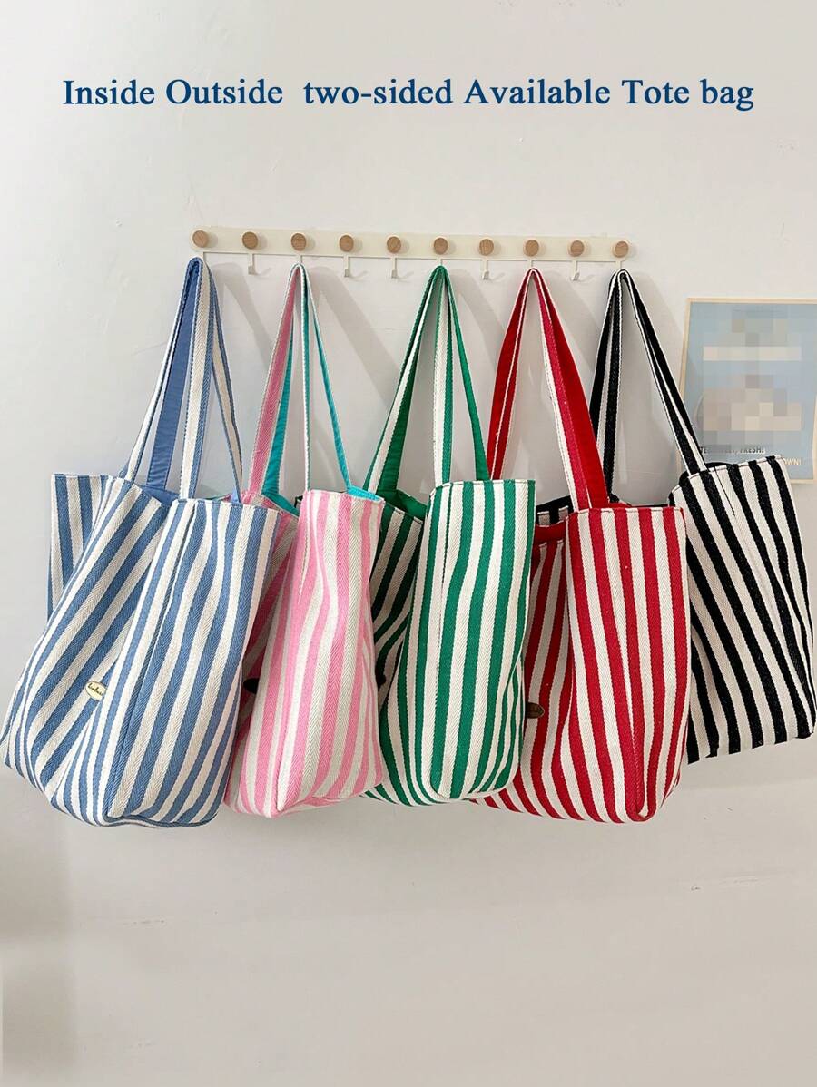 1 Bolso de hombro de diseño de doble cara con estilo de Doncella, bolso grande para niños, bolso de estudiante de gran capacidad, bolsa de tutoría, bolsa de almacenamiento, bolsa casual portátil, adecuada para compras, fiestas, vacaciones, eventos festivos, entretenimiento y otras ocasiones. Decoración con parche de letra y rayas de contraste de color, un regalo perfecto para chicas jóvenes, estudiantes adolescentes, etc.
