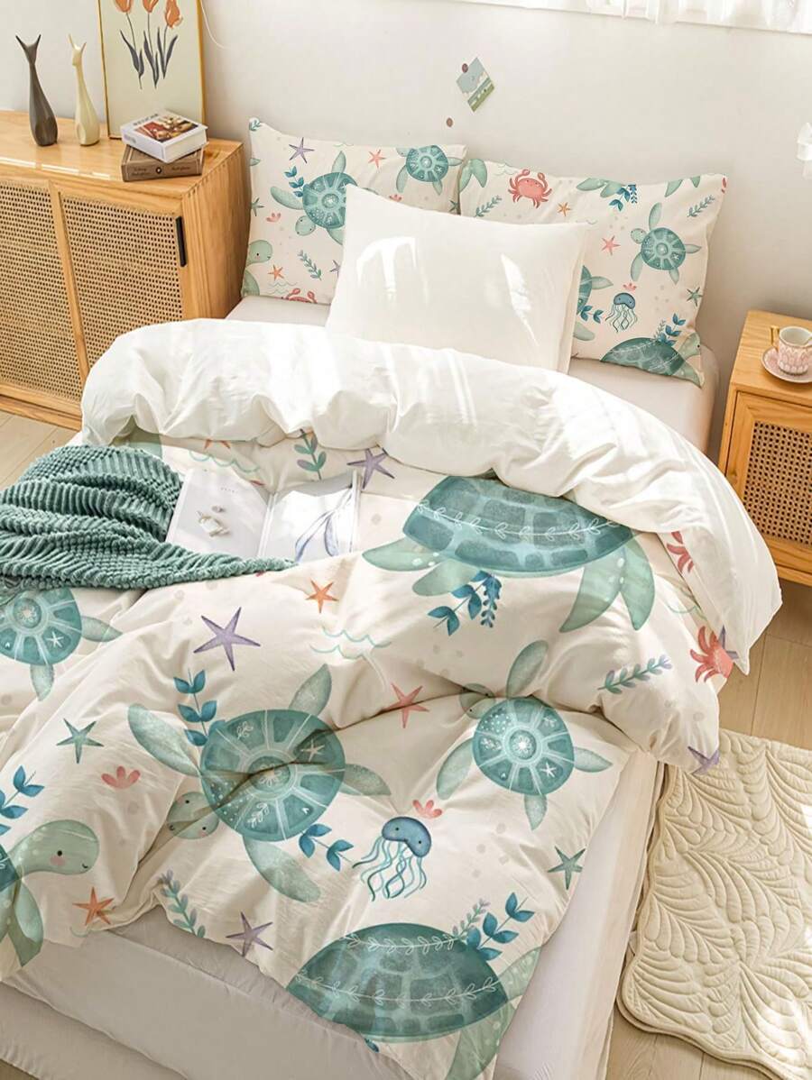 3pcs Turtle Print Bedding Set, Soft Comfortable Comforter Cover, For Bedroom, Guest Room (1*Comforter Cover + 2*Pillowcases, Without Core)