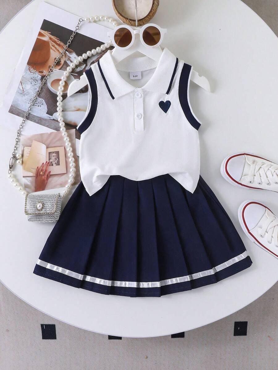 Conjunto de 2 piezas de top sin mangas con cuello polo con bordado de corazón y falda plisada para niñas, para el verano