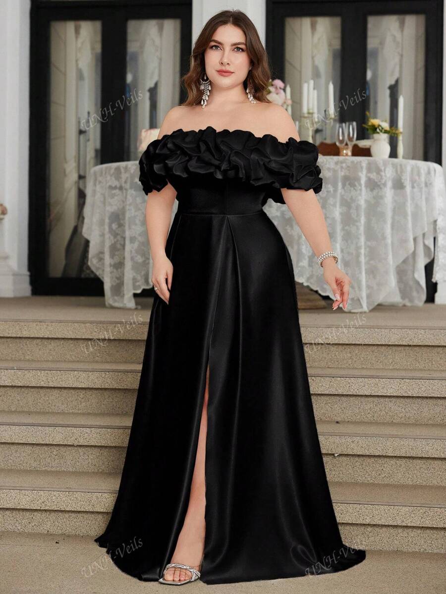 UNITHORSE UNITHORSE Plus Size 1pc Off Shoulder Cloud Pleated Waist Slim A-Line Side Slit Simple White Wedding Dress Gown,Bride, All White Party Outfit Women