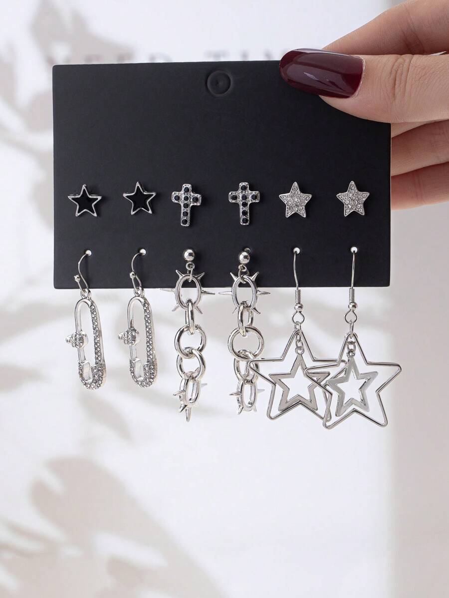 6 Pairs Gothic Star Rhinestone Cross Skull Hollow Thorn Interlocking Circle Star Brooch Set, Fashionable Creative Party Accessories