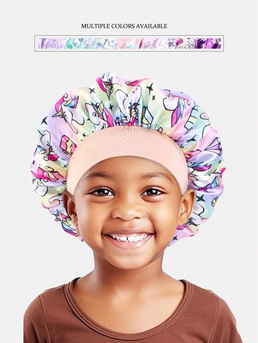 1 pieza Gorro de satén de ala ancha con diseño elástico de dibujos animados para niños, adecuado para uso diario