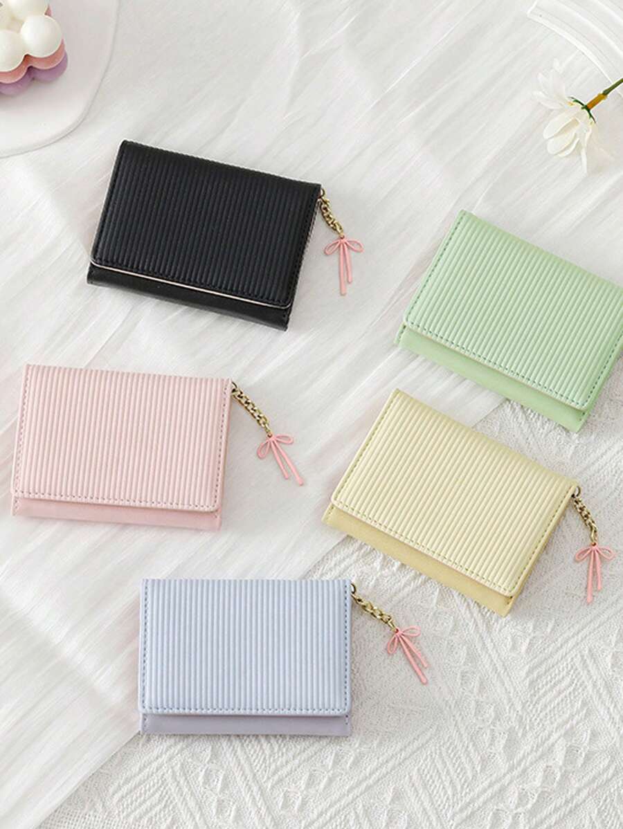 3-Fold Small Wallet In Candy Colors, Cute & Fresh PU Leather Purse, Girl Short Bifold Wallet With Bow Charm