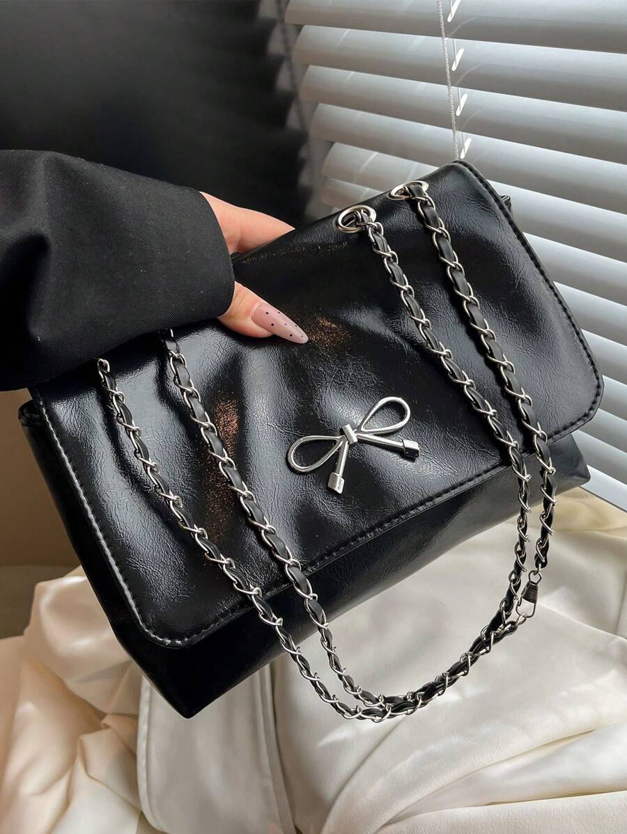 Bolsa de ombro feminina com laço, bolsa feminina elegante de cor sólida, bolsa de trabalho empresarial