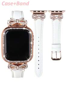 Weiße Lederuhr mit Schleife + Gehäuse in Roségold