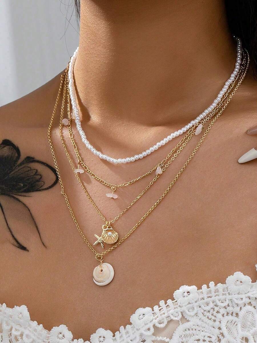 4 Pcs Faux Pearl Starfish Conch Shell Decor Summer Beach Vocation Layering Necklaces Set For Women