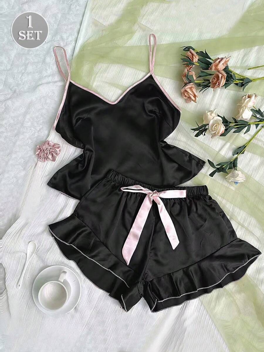 1 set da donna in raso sexy, composto da canotta e pantaloncini pigiama, con fiocco e balze, comodo loungewear in seta, adatto per vacanze