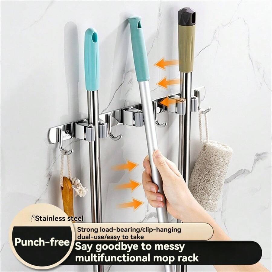 1pc, Mop And Broom Holder Wall Mount, Broom Organizer Storage Tool Racks Stainless Steel Heavy Duty Hooks Self Adhesive Solid Non-Slip For Home Kitchen Garden Laundry Garage