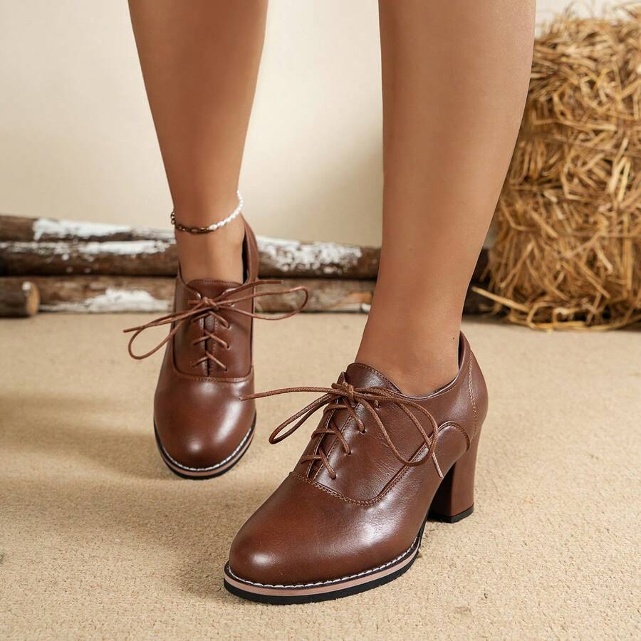 Women's Solid Color Block Heels, Fashion Lace Up Dress Pumps, Women's Stylish Heels