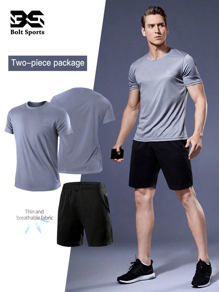 2pcs Men Sports Suit, T-Shirt And Shorts Set, Fashion Casual Pocket Drawstring Lightweight Running, Basketball, Football, Workout Activewear Top