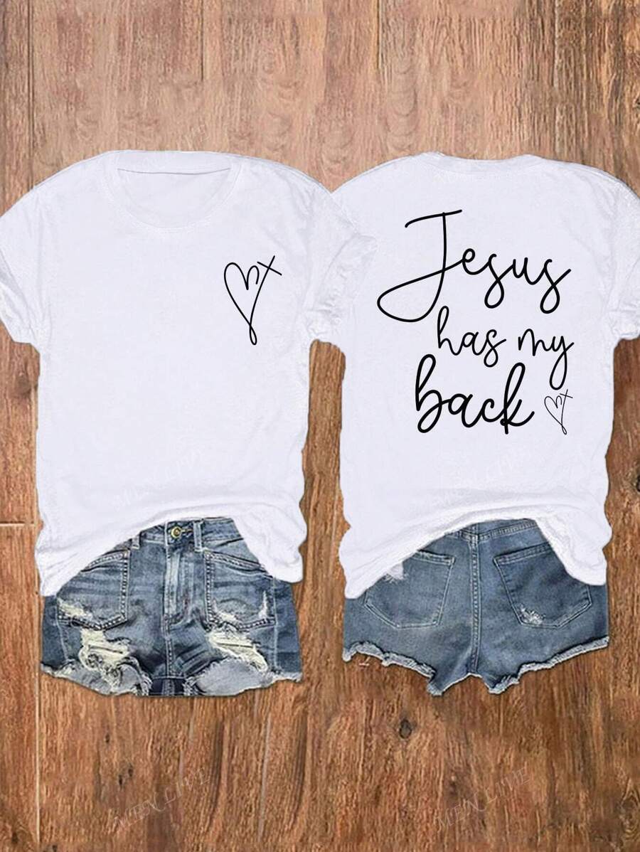 Summer Graphic T-Shirt With "Jesus Has My Back" Print, Christian Faith Lightweight Breathable Casual Simple T-Shirt, Suitable For Summer Vacation Lovers And Christian Women