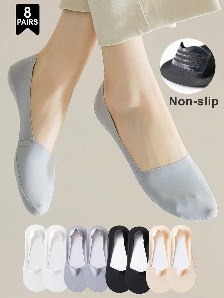 1/4/8 Pairs Women's Big Size Available Soft Nylon Solid Bottom Low Cup Invisible No Show Socks With Non-Slip Gel Heel, Suitable For Daily Use