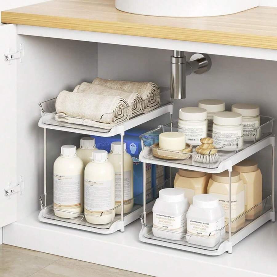 1pc Organizador de armazenamento de dois andares para cozinha, suporte para cosméticos transparente PET, caixa de armazenamento de gaveta de mesa multicamadas, adequado para penteadeira de banheiro, organizador de despensa de cozinha empilhável, organizador de armário de remédios com divisória deslizante