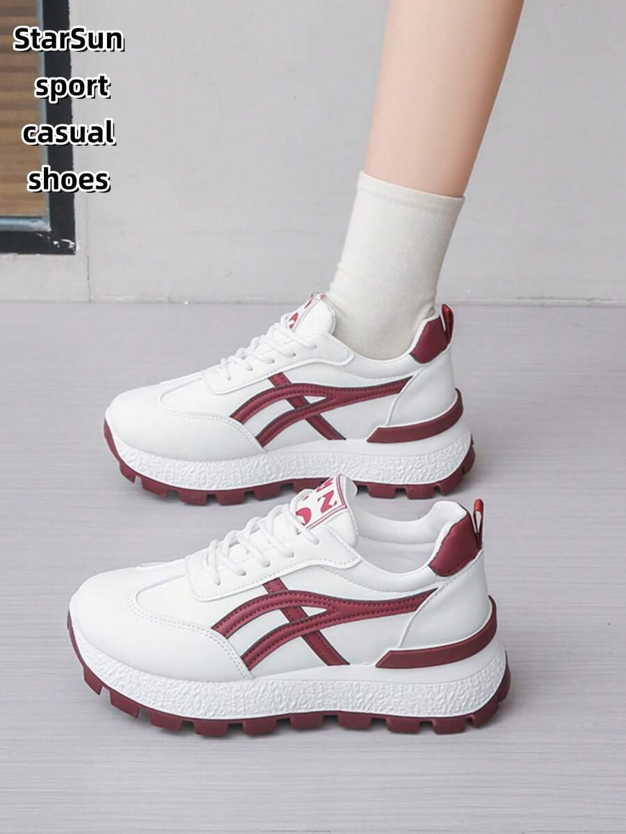 Women Leather Round Toe Lace-Up Platform Casual Sport Sneakers, Rubber Sole Waterproof Non-Slip Durable Lightweight Running Shoes, Versatile Daily Wear Casual Shoes For Spring Autumn