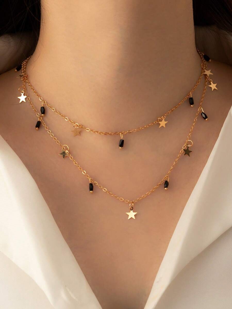 1pc Boho Style Double Layer Star Pendant Necklace, Elegant Gift For Women